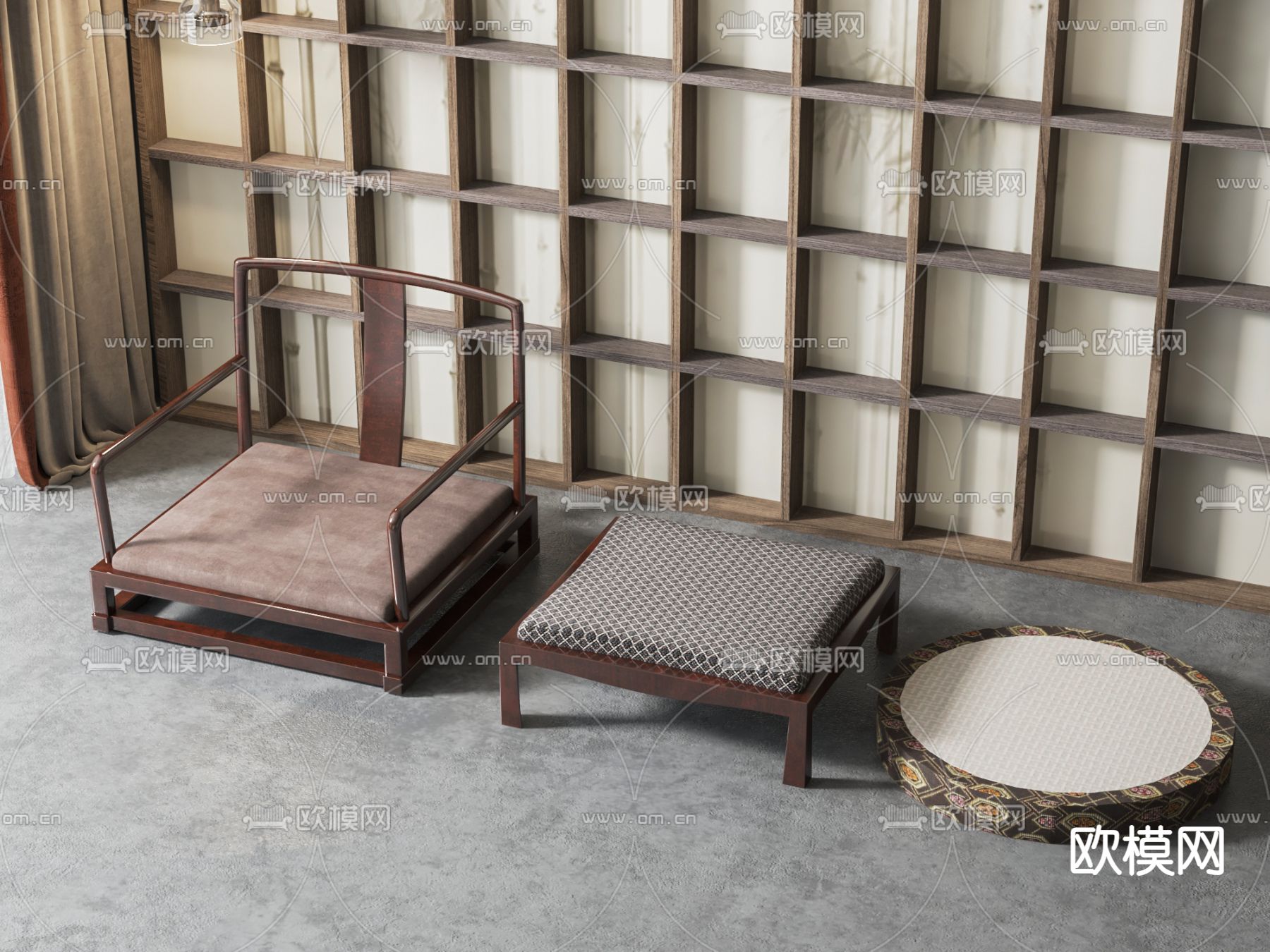 新中式榻榻米坐垫su模型下载（渲染图2）