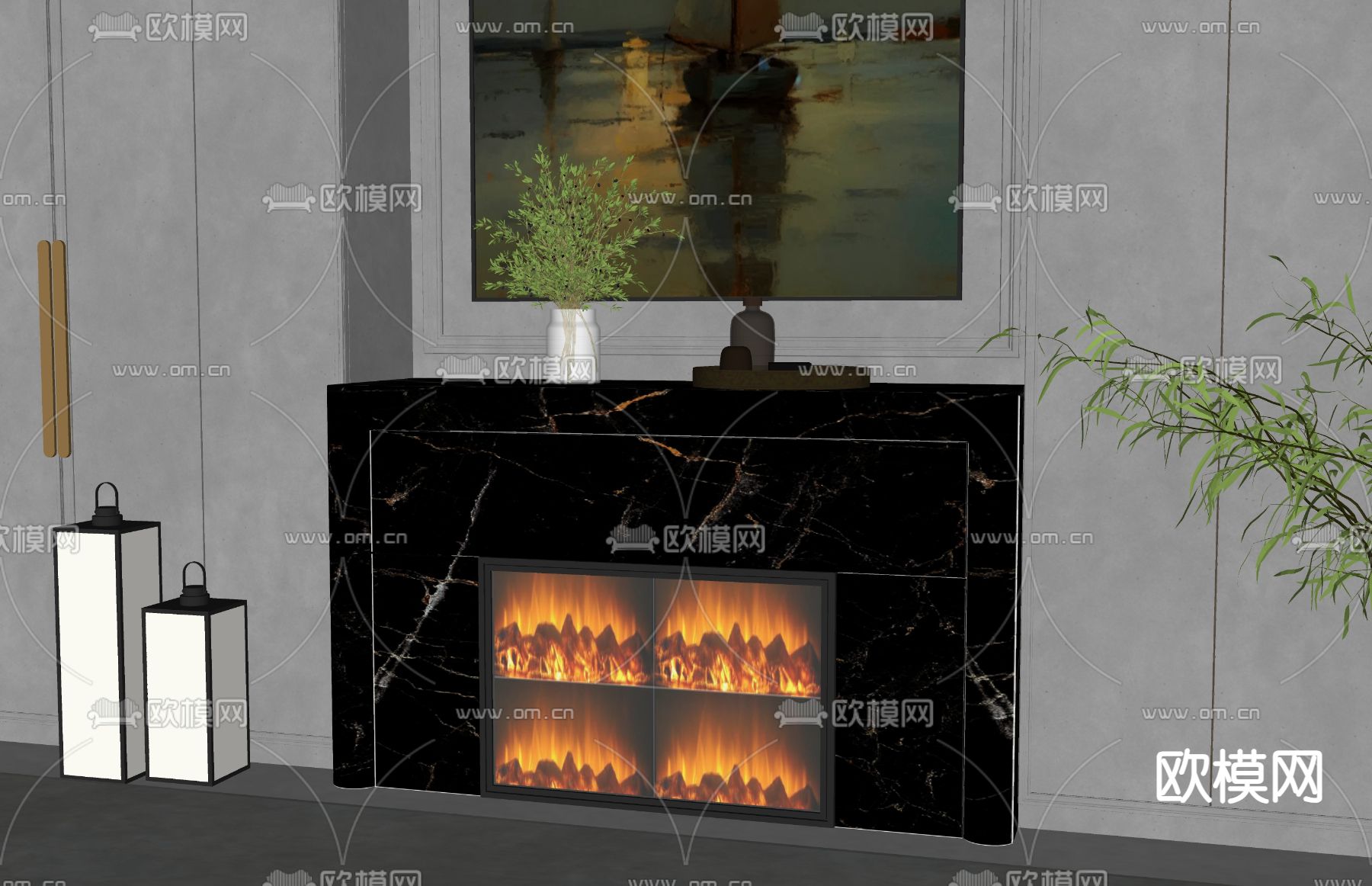 现代壁炉su模型下载（渲染图1）