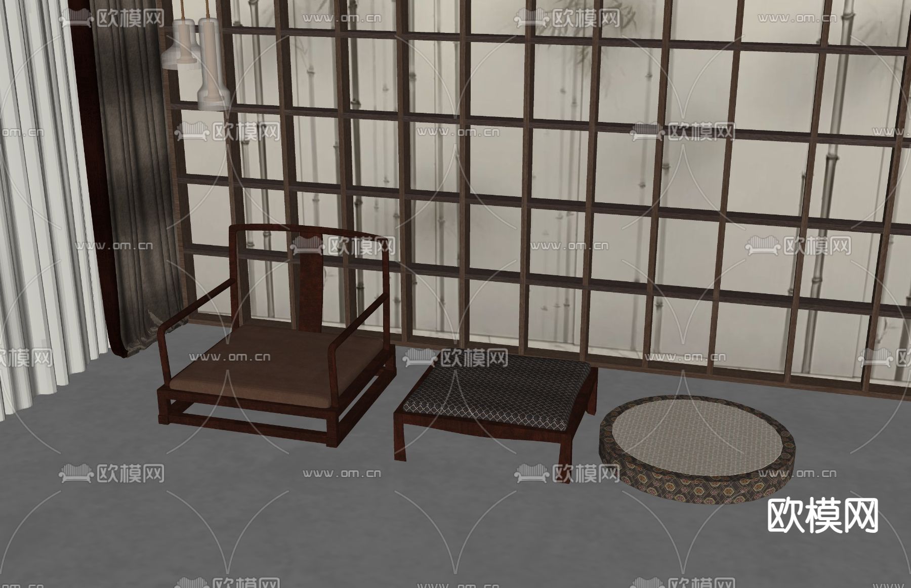 新中式榻榻米坐垫su模型下载（渲染图1）