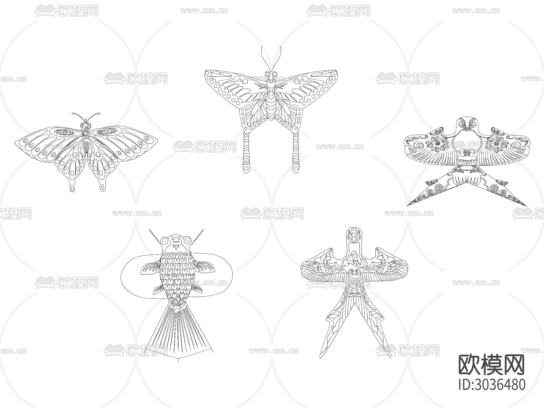 现代风筝图块cad图库下载