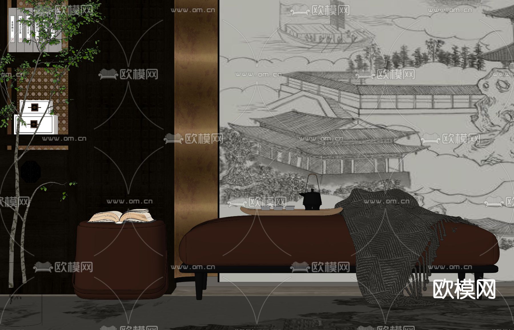新中式脚踏 沙发凳su模型下载（渲染图2）