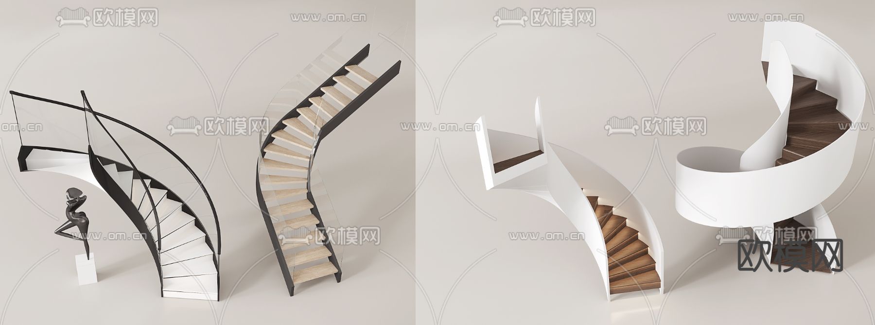 现代扶手楼梯 拐角楼梯su模型下载（渲染图2）