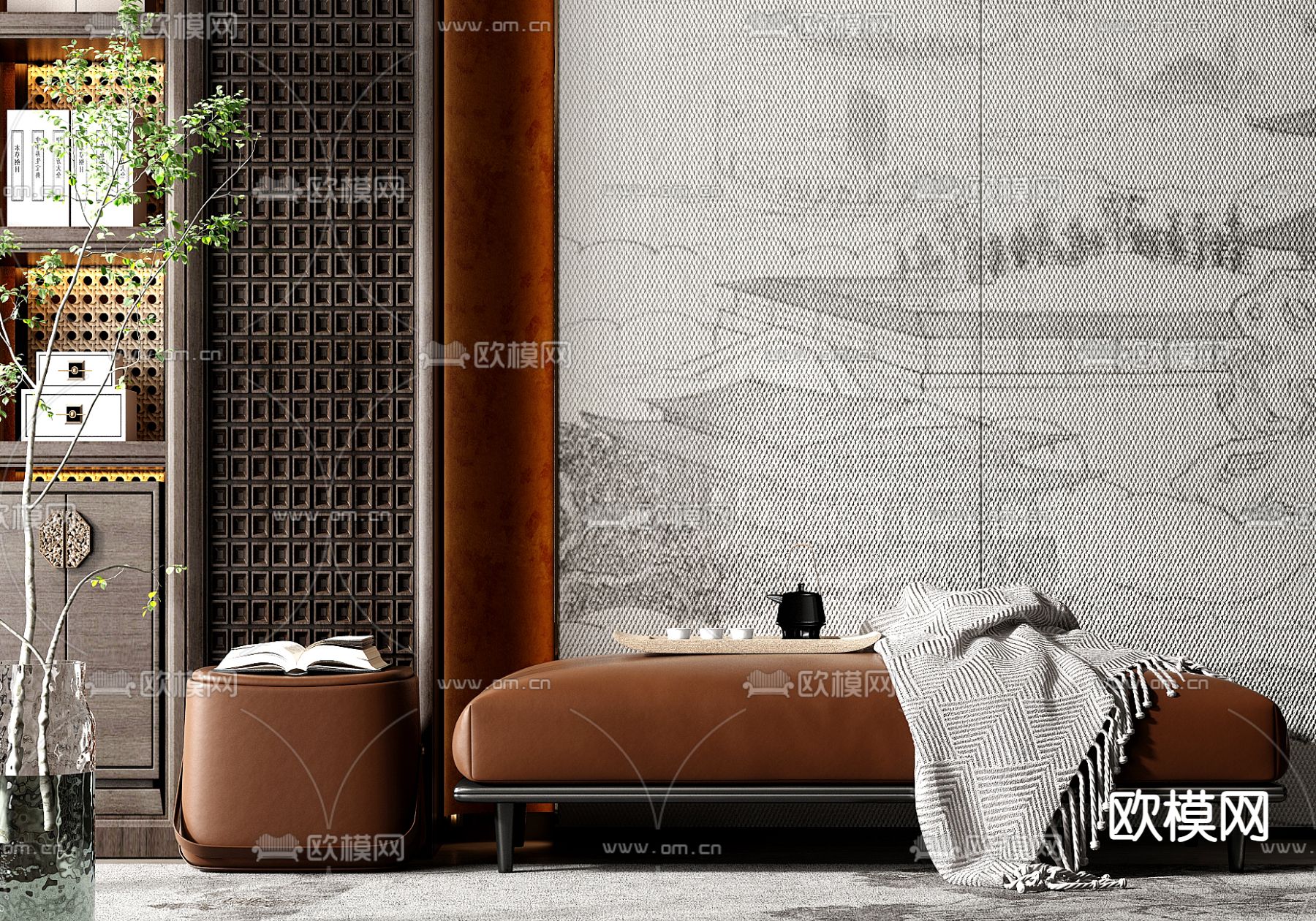 新中式脚踏 沙发凳su模型下载（渲染图1）