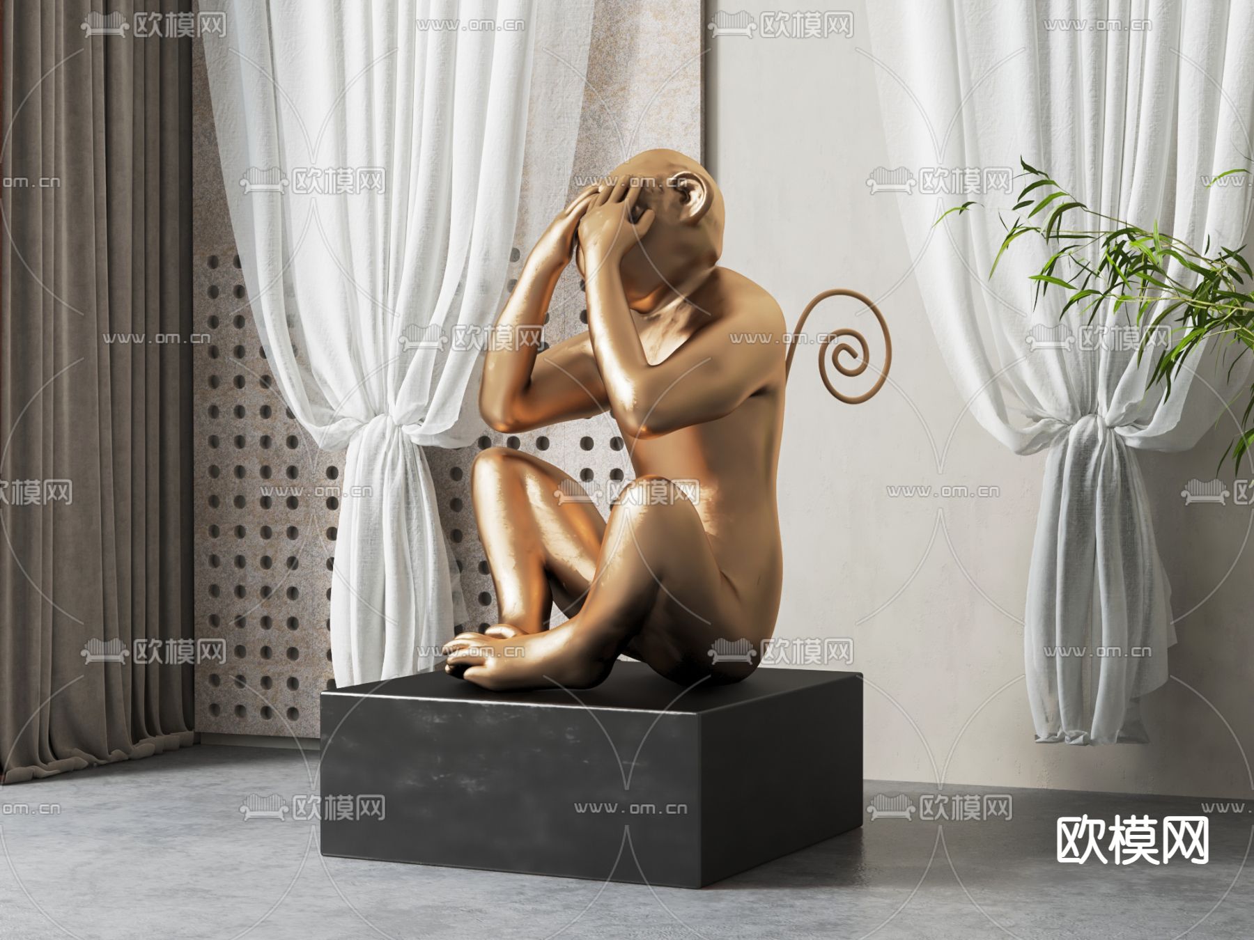 猴子雕塑 摆件su模型下载（渲染图1）