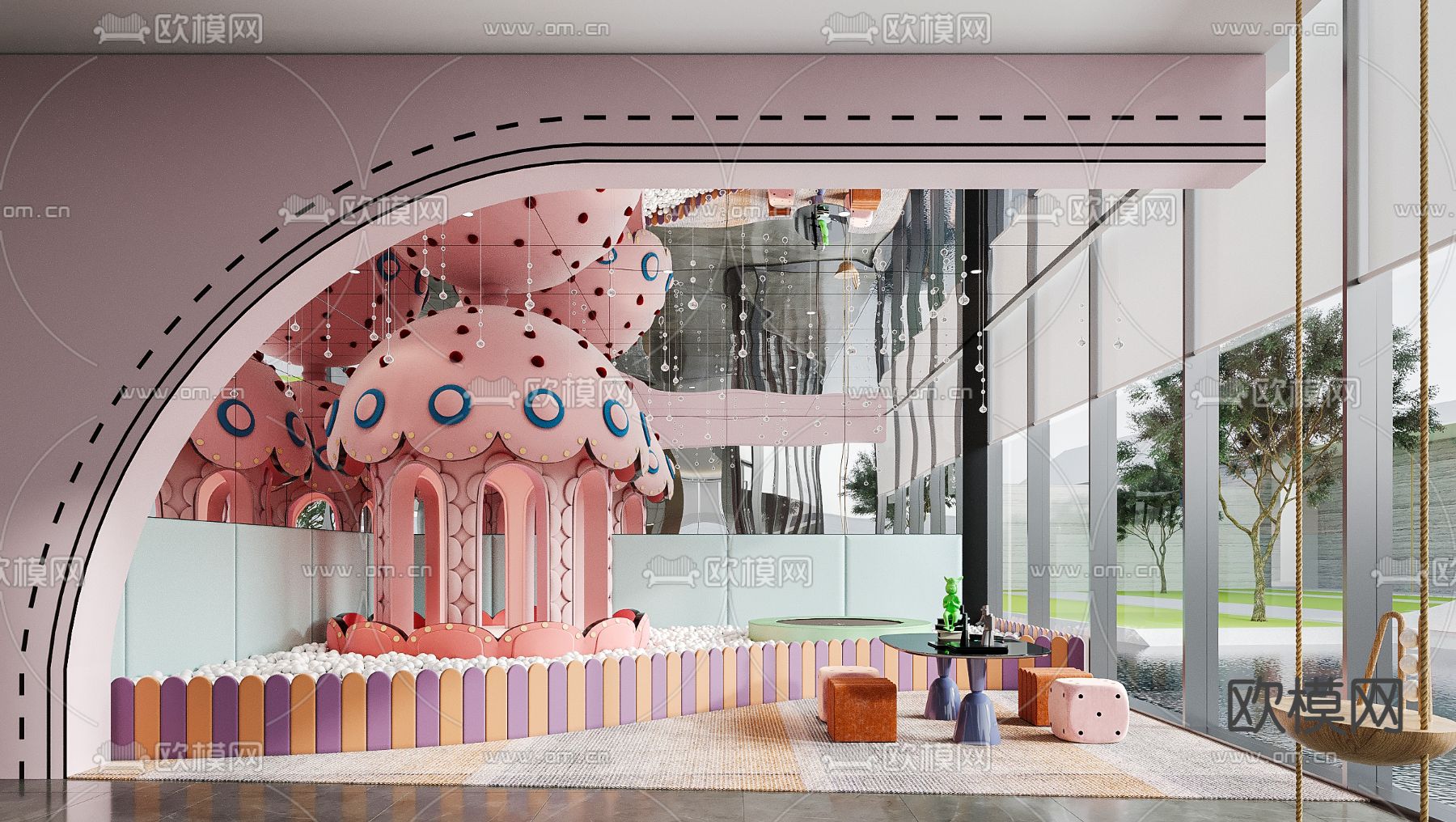 儿童游乐区 游乐场 蘑菇亭su模型下载（渲染图1）