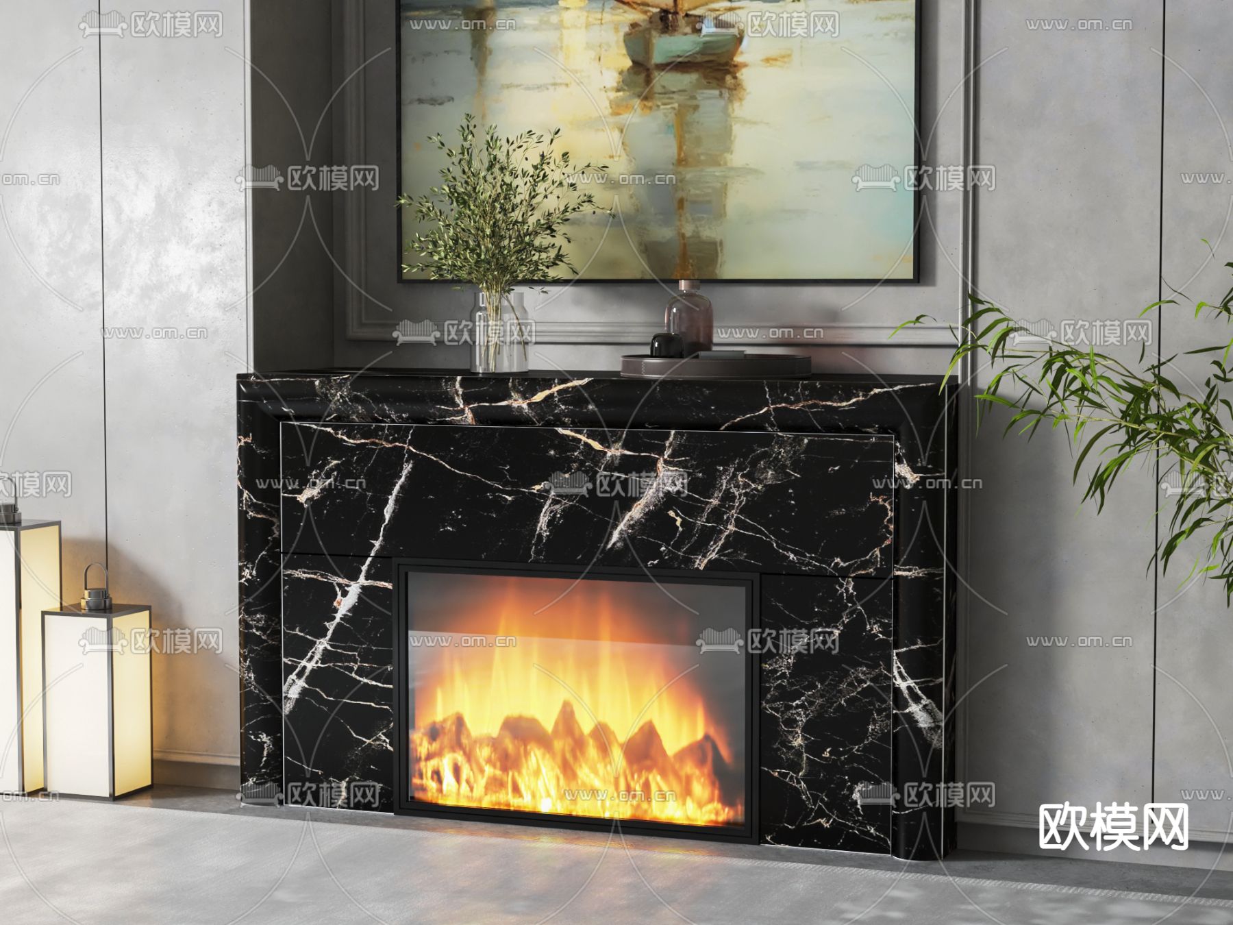 现代壁炉su模型下载（渲染图2）