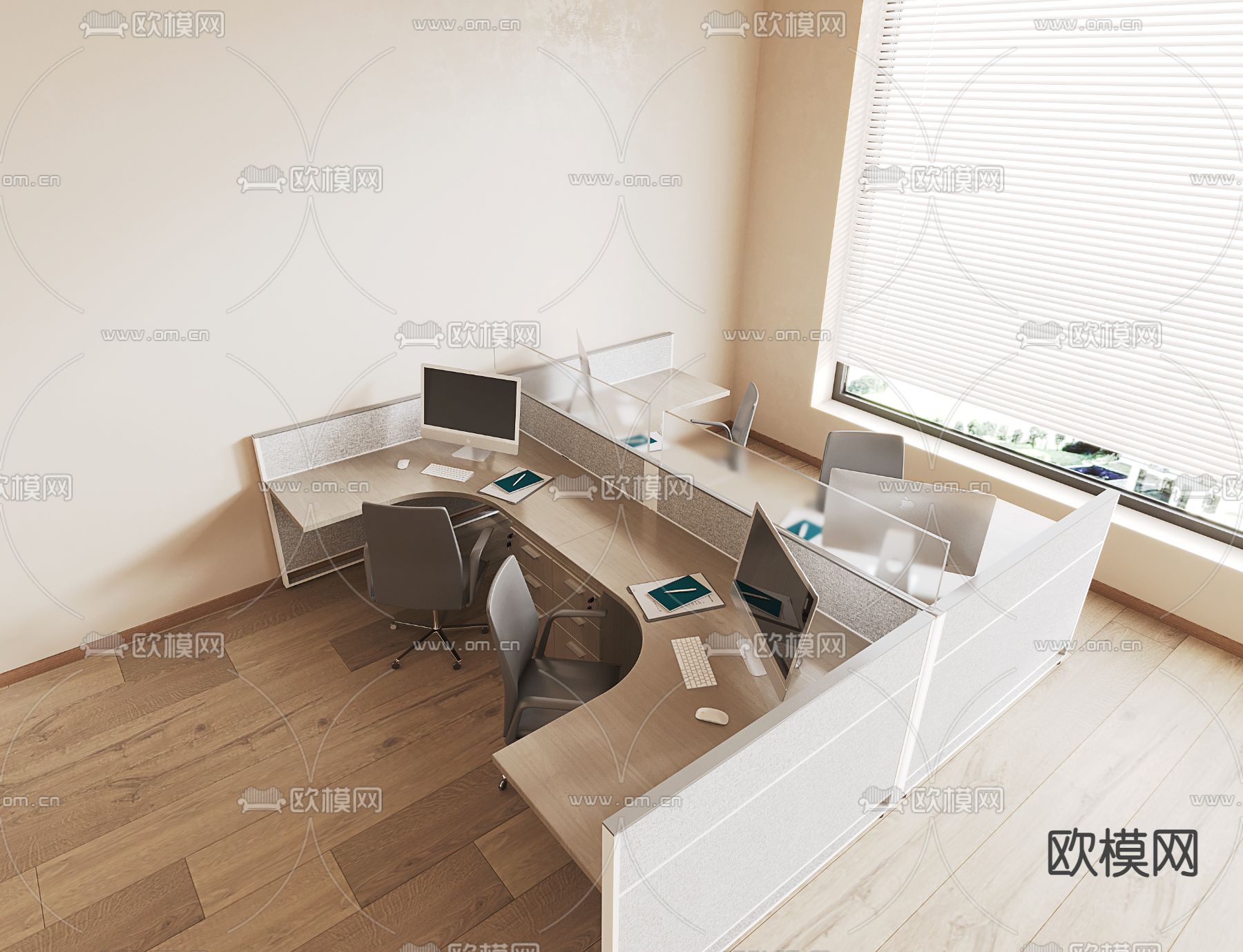 卡位办公桌su模型下载（渲染图1）