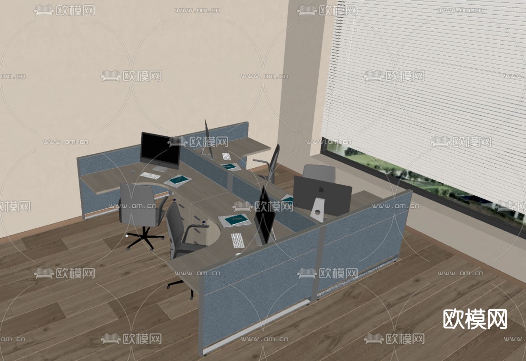 卡位办公桌su模型下载（渲染图2）
