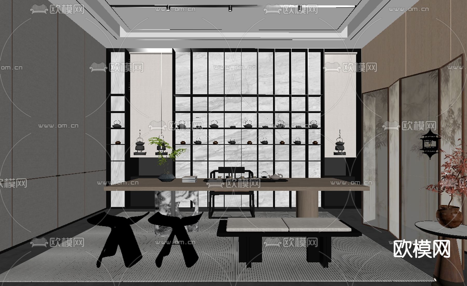 新中式茶室su模型下载（渲染图2）