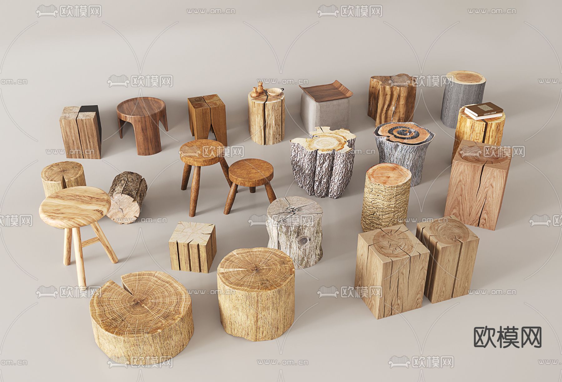 侘寂木头凳 木头树桩su模型下载（渲染图2）