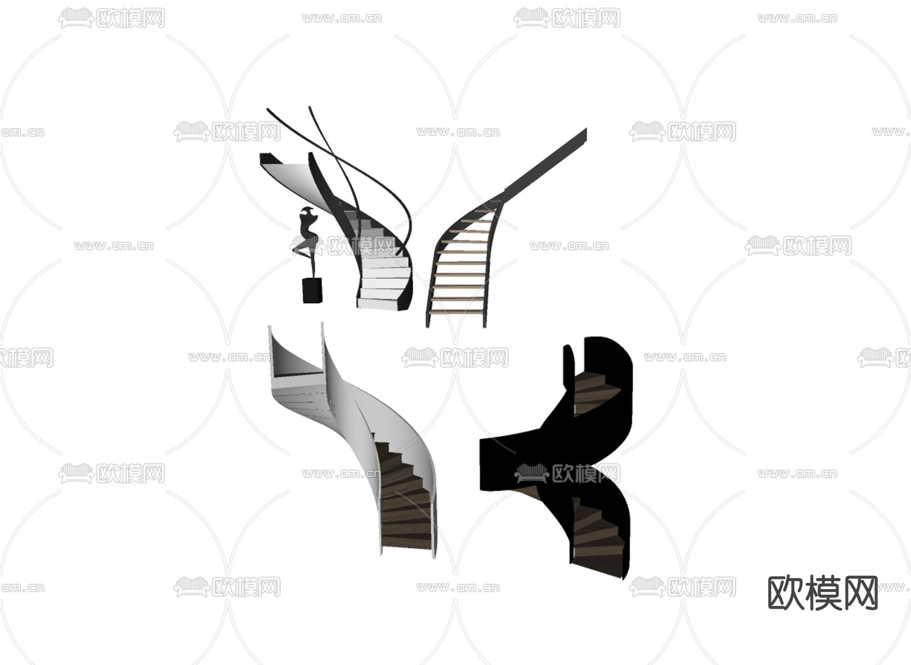 现代扶手楼梯 拐角楼梯su模型下载（渲染图1）
