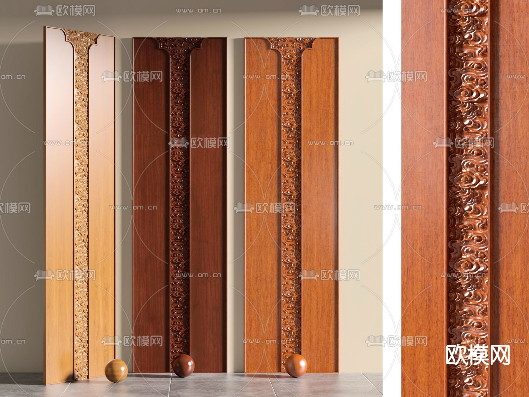 新中式护墙板 祥云雕花板3d模型下载（渲染图1）
