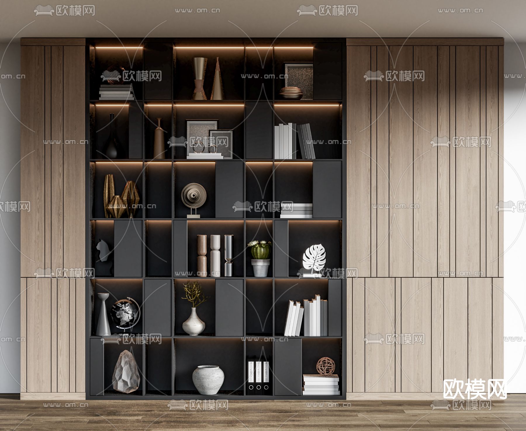现代书架 整面书柜su模型下载（渲染图2）