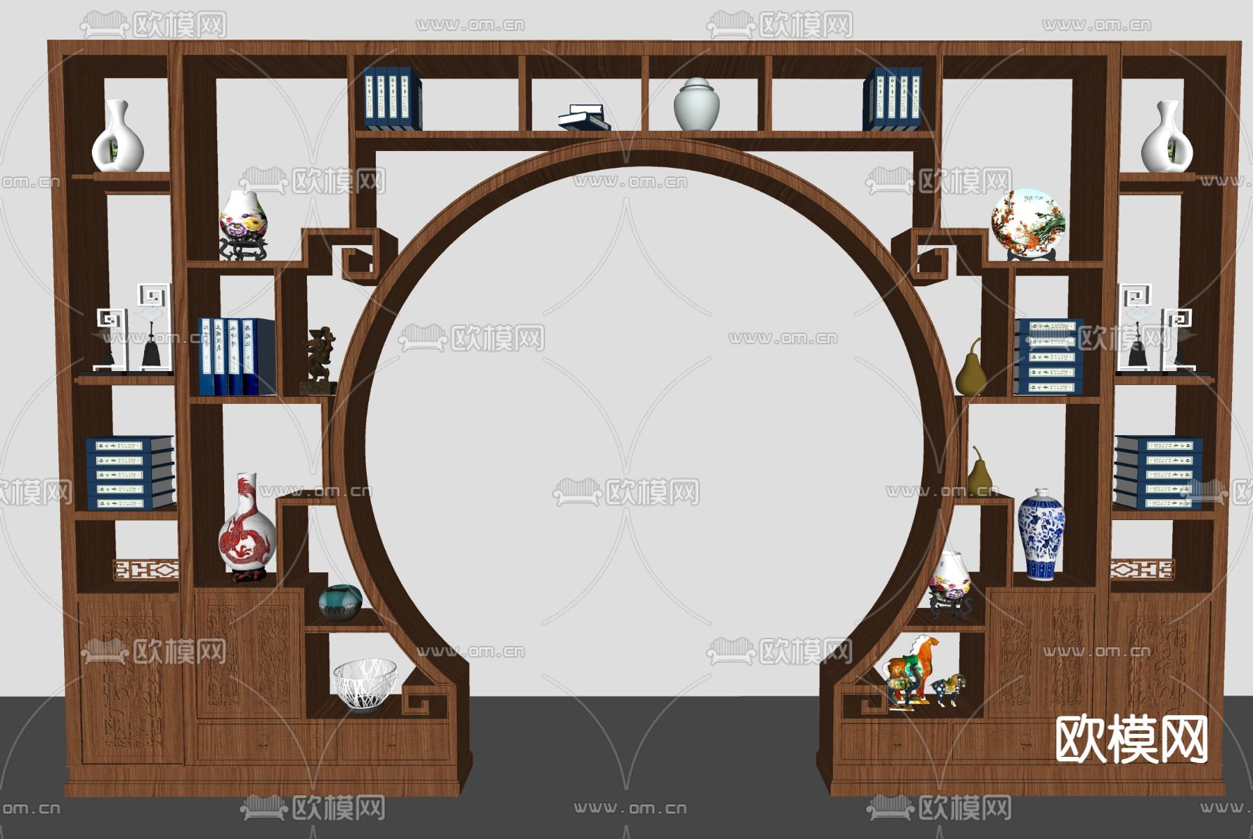 新中式月亮门博古架su模型下载（渲染图1）