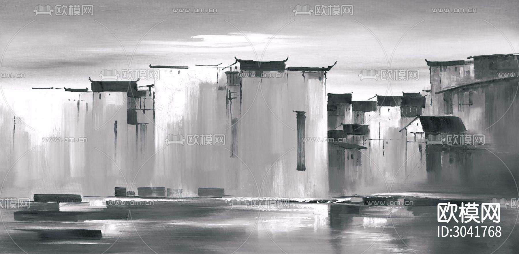 新中式装饰画 徽派建筑画贴图下载