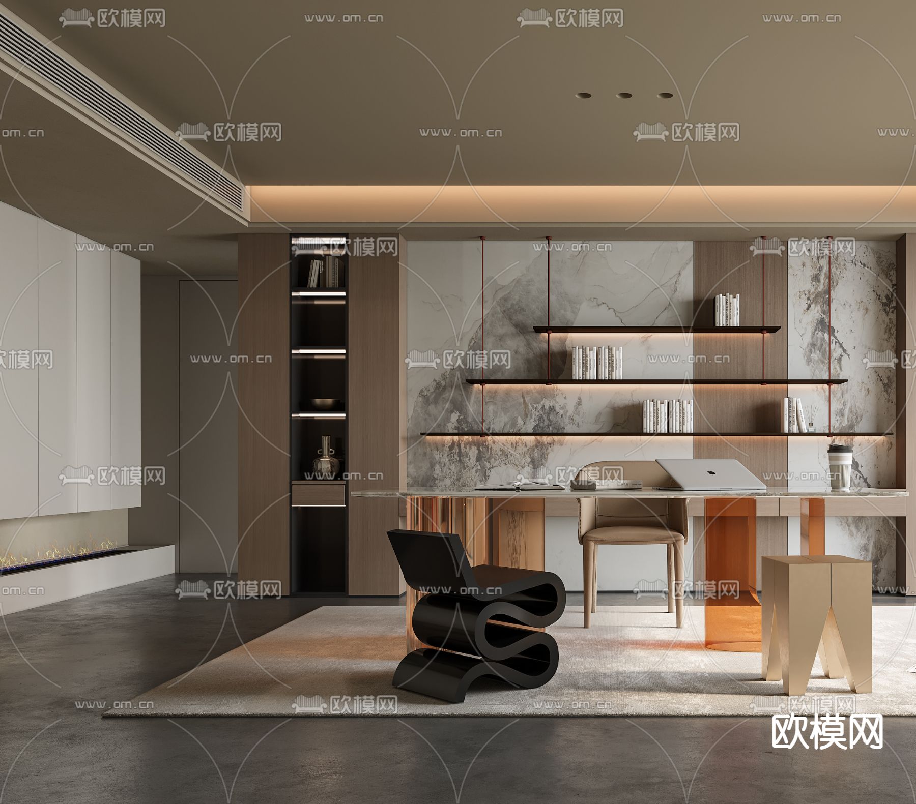 现代书房3d模型下载（渲染图2）