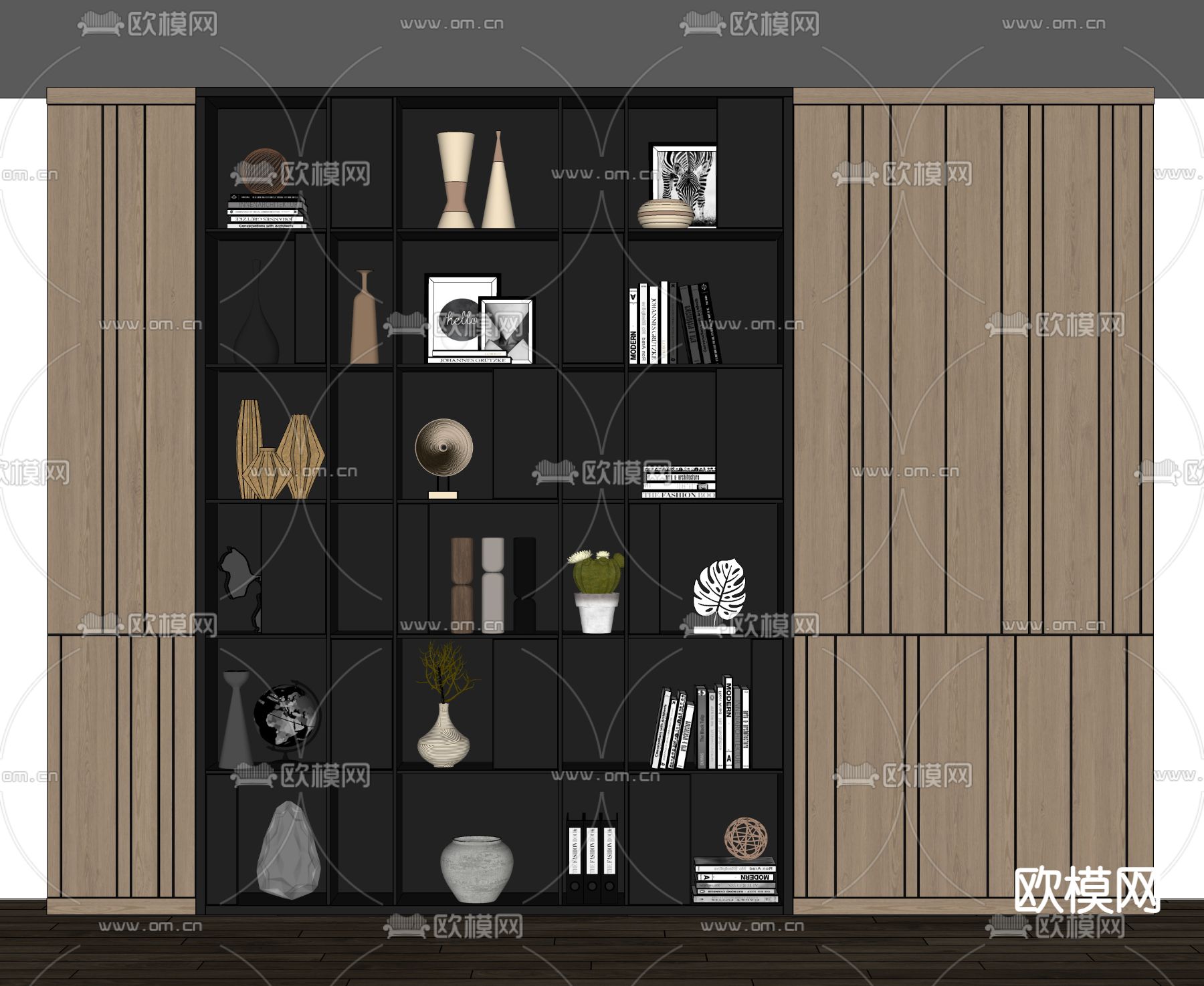 现代书架 整面书柜su模型下载（渲染图1）