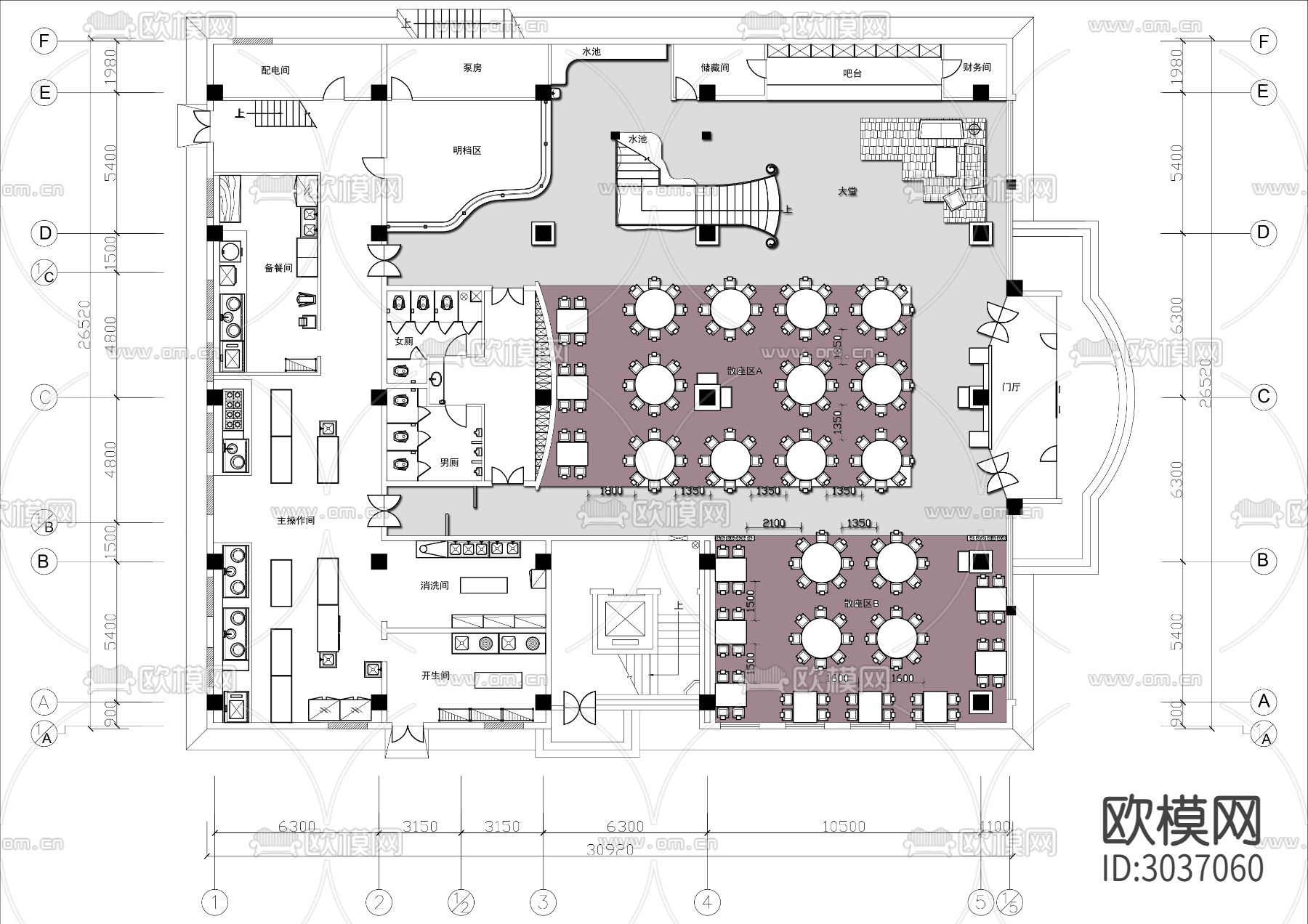 1600㎡两层火锅店cad平面图下载（渲染图1）