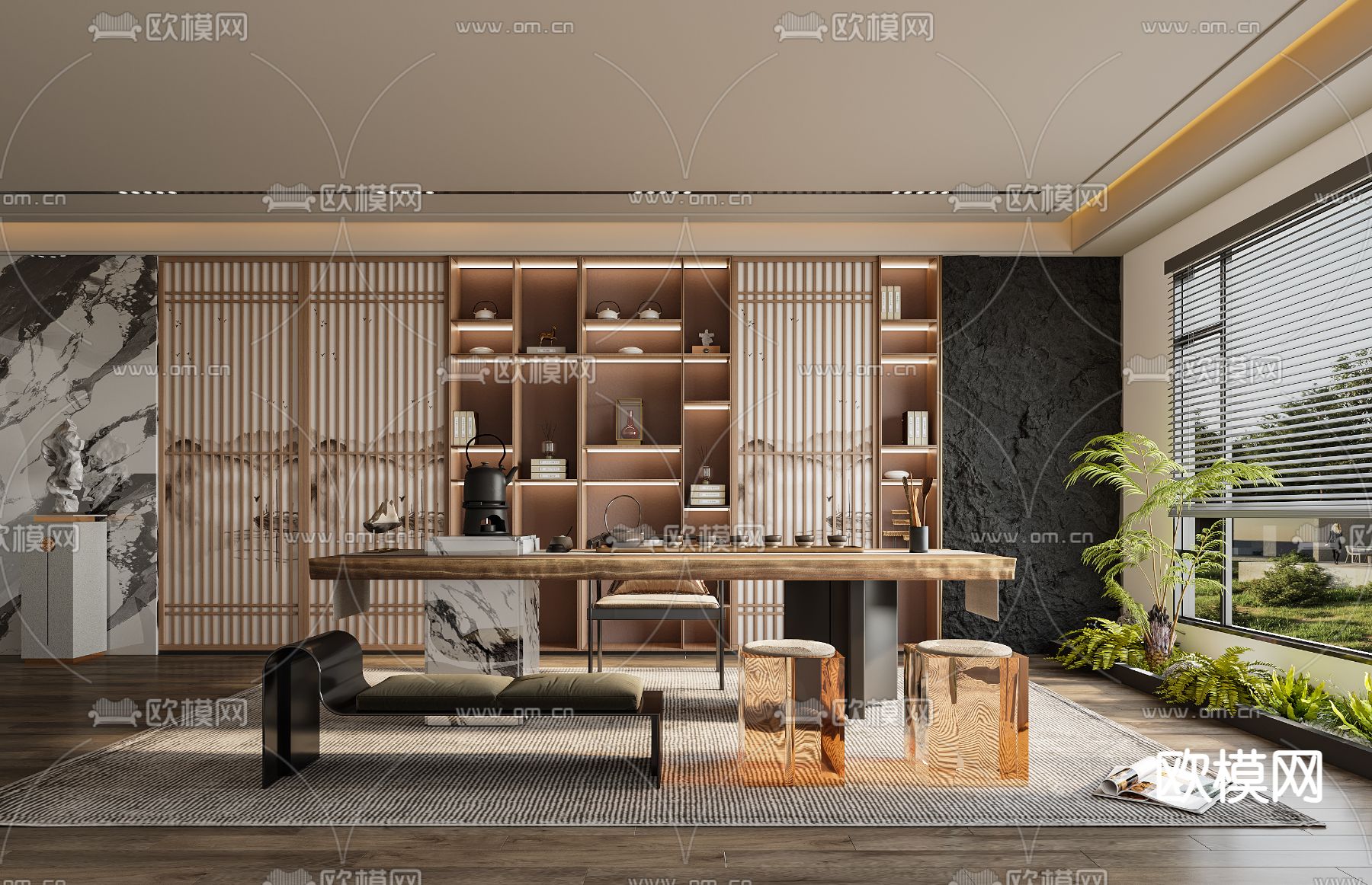 新中式茶室3d模型下载（渲染图1）