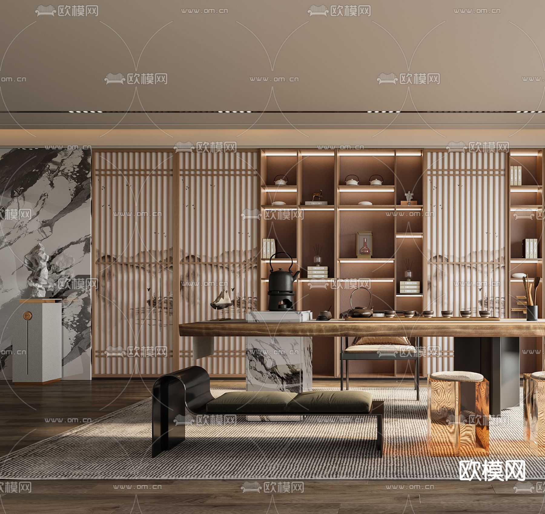 新中式茶室3d模型下载（渲染图2）