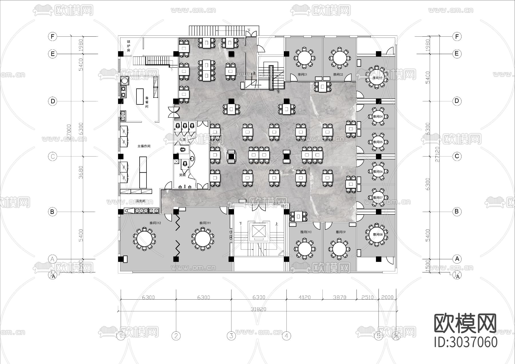 1600㎡两层火锅店cad平面图下载（渲染图2）