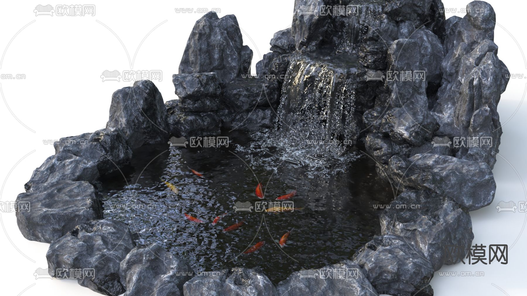 假山水景 瀑布跌水 锦鲤池3d模型下载（渲染图2）