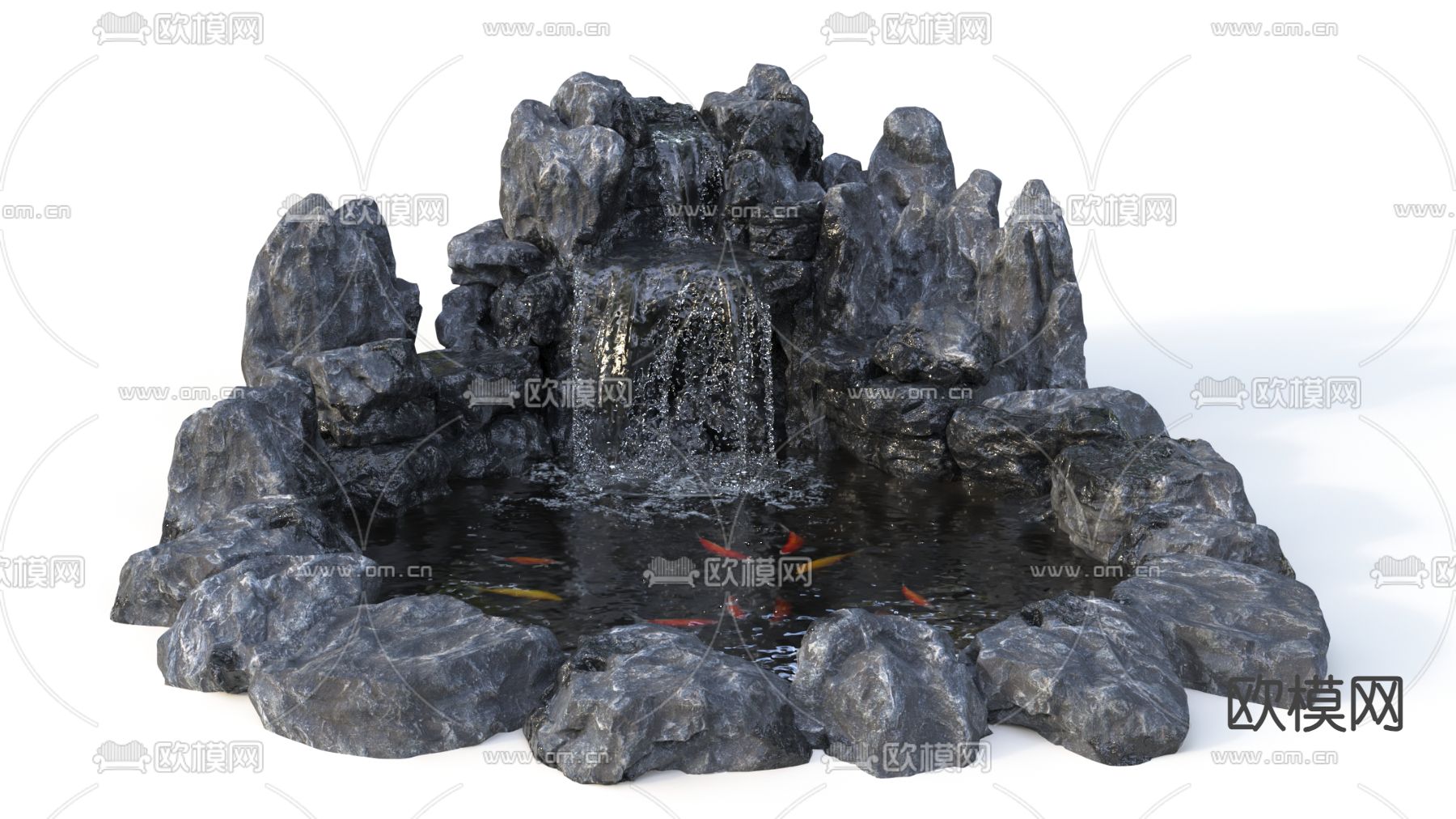 假山水景 瀑布跌水 锦鲤池3d模型下载（渲染图1）