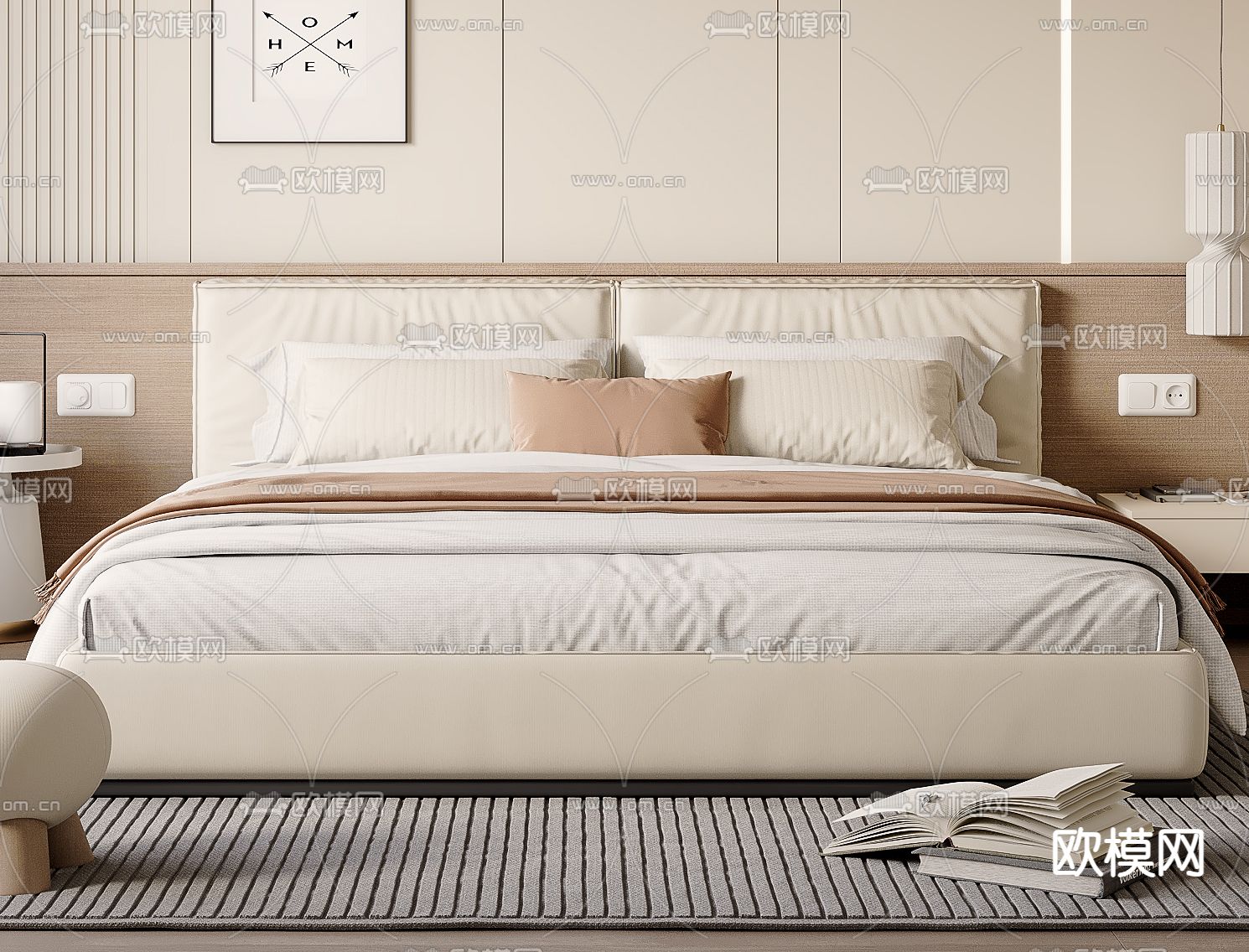 奶油风双人床3d模型下载