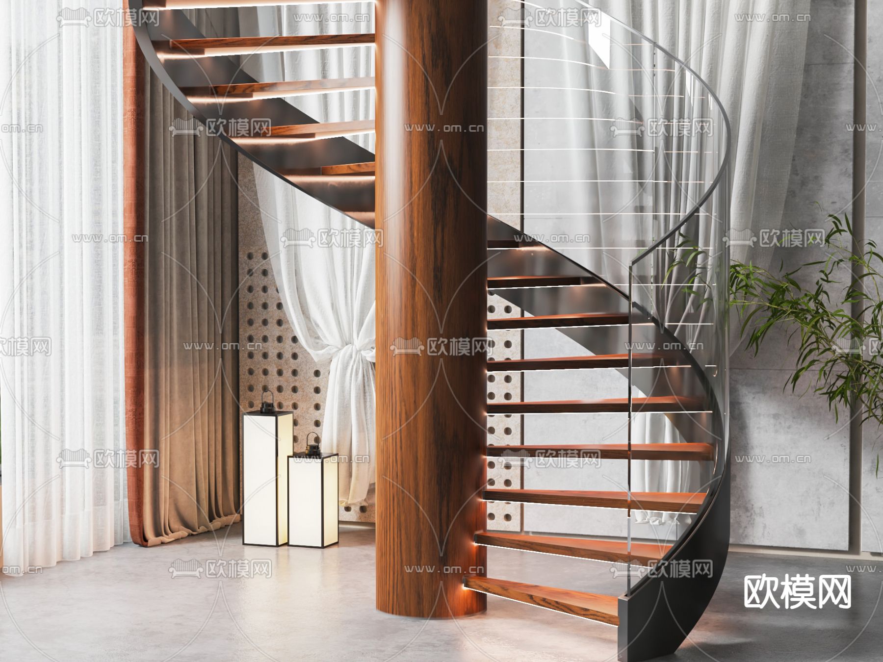 美式旋转楼梯su模型