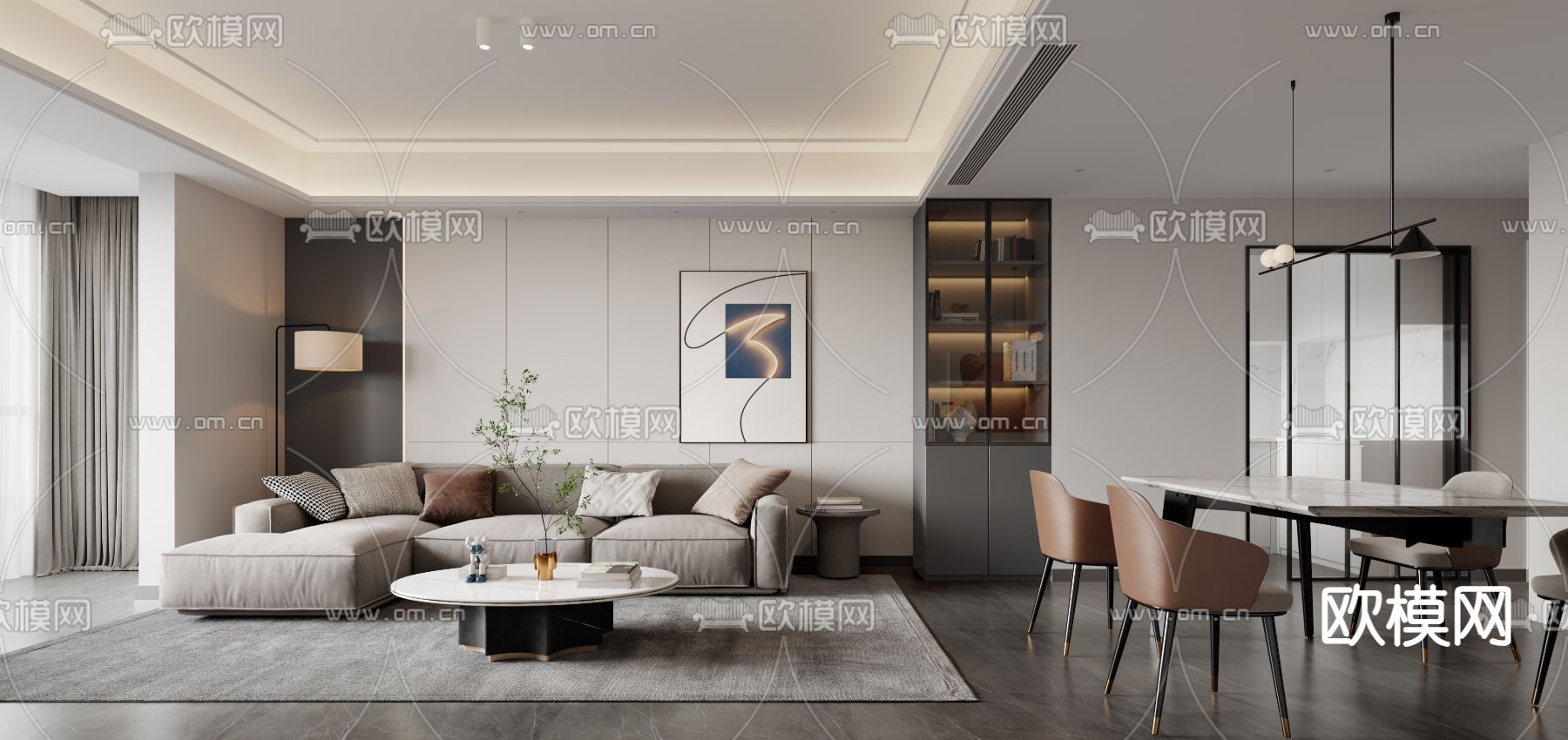 现代客厅 餐厅3d模型下载（渲染图1）