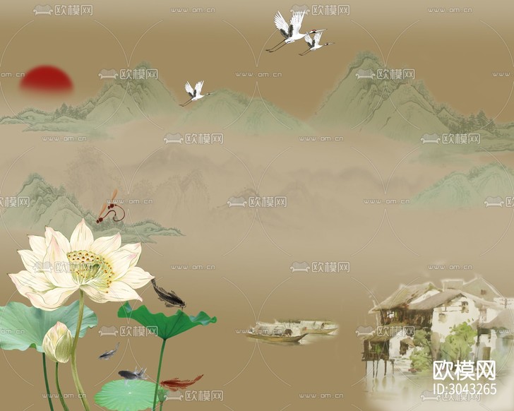 新中式山水画背景墙壁画下载
