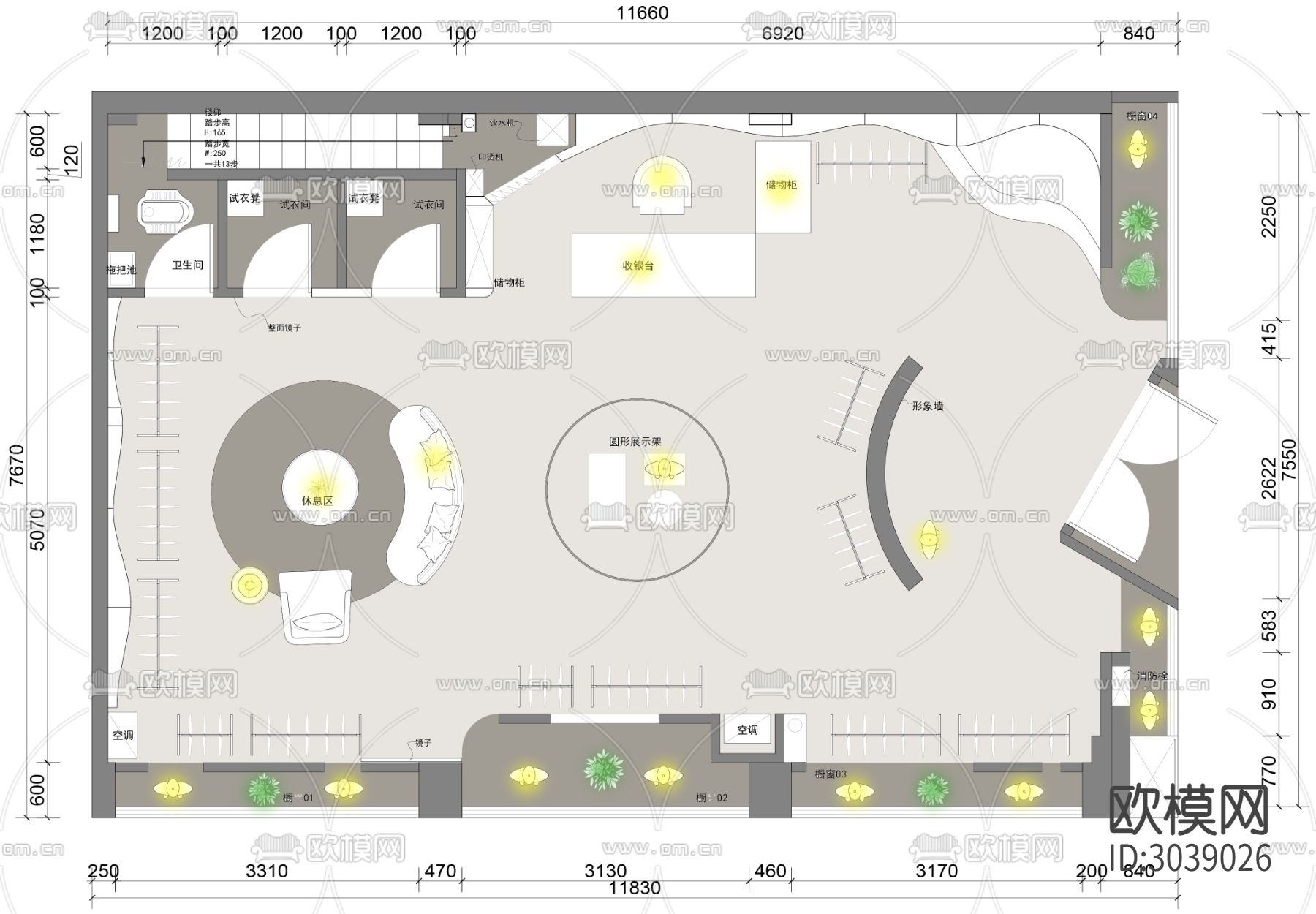 100平米现代服装店平面布置图下载（渲染图1）
