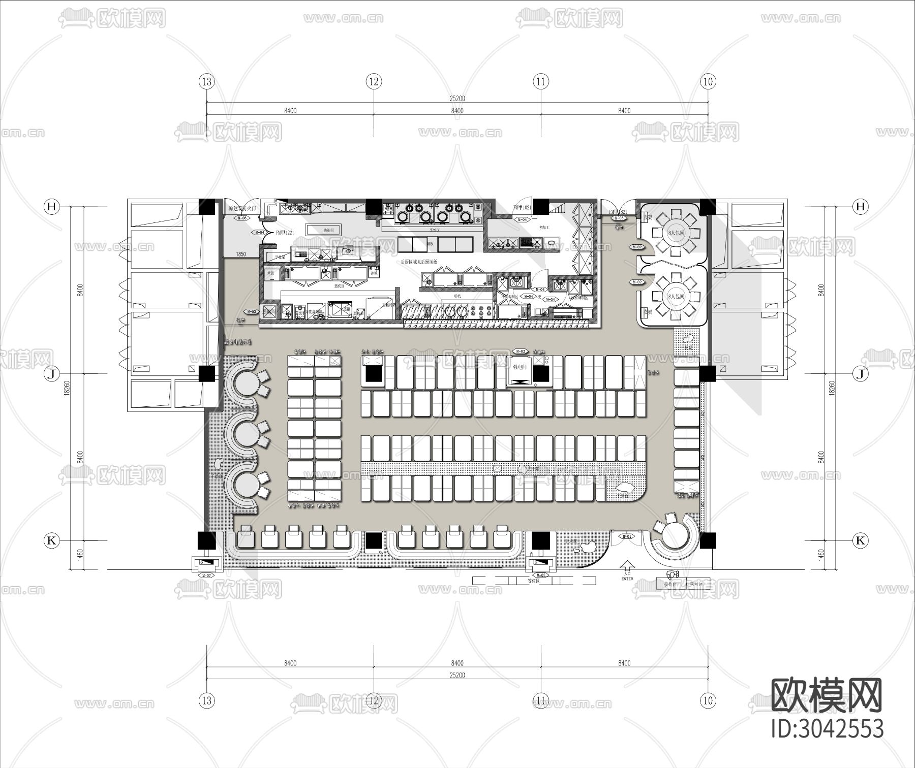 450㎡现代中式餐厅CAD平面图下载