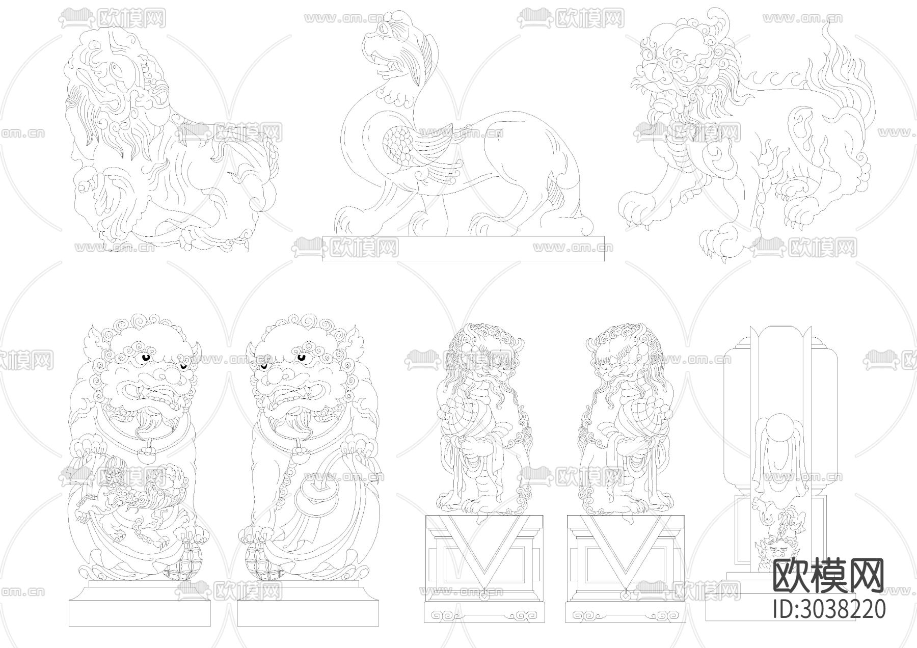 古建配件 麒麟狮子CAD图库下载（渲染图1）