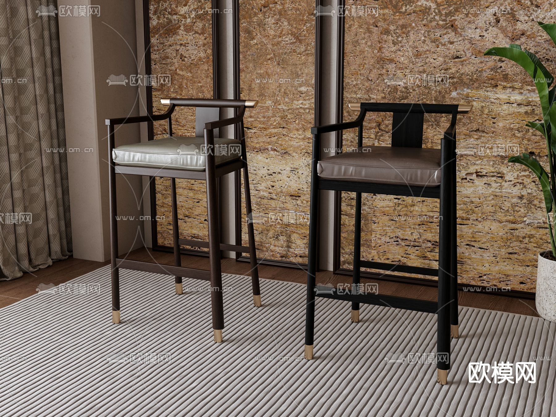 新中式吧椅 吧凳 高脚凳3d模型下载