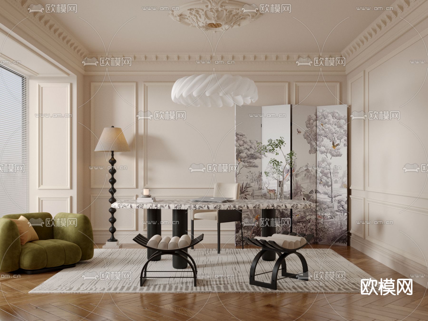 中古风书房su模型下载（渲染图2）