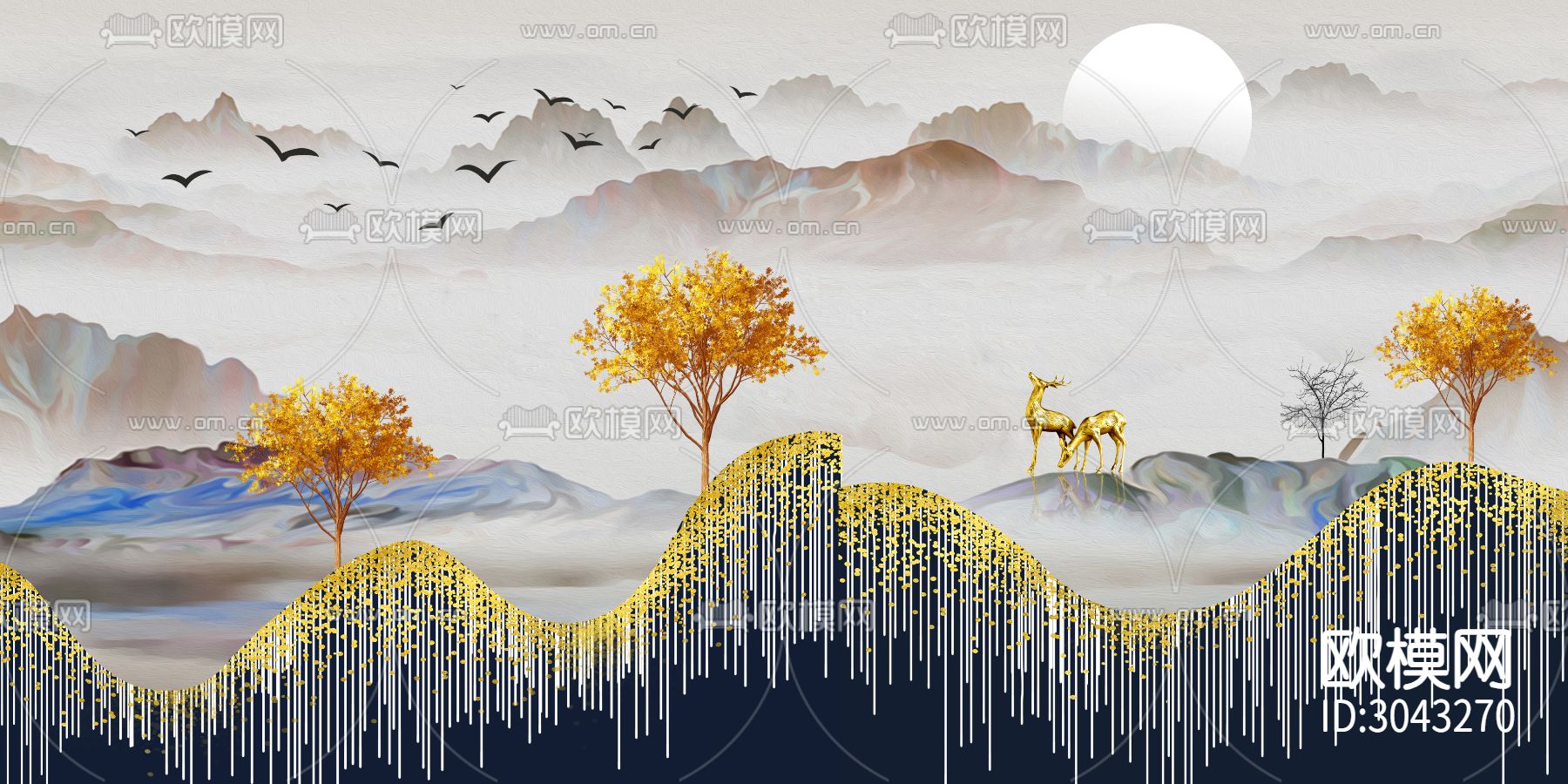 新中式金箔抽象山水壁画下载