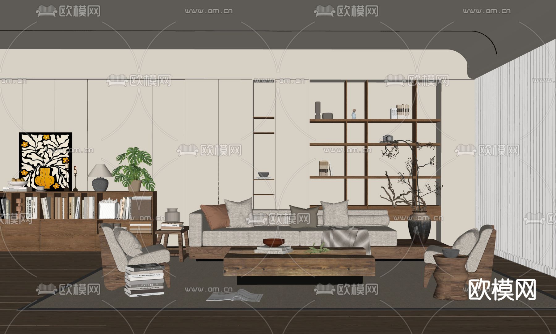 中古风客厅su模型下载（渲染图1）