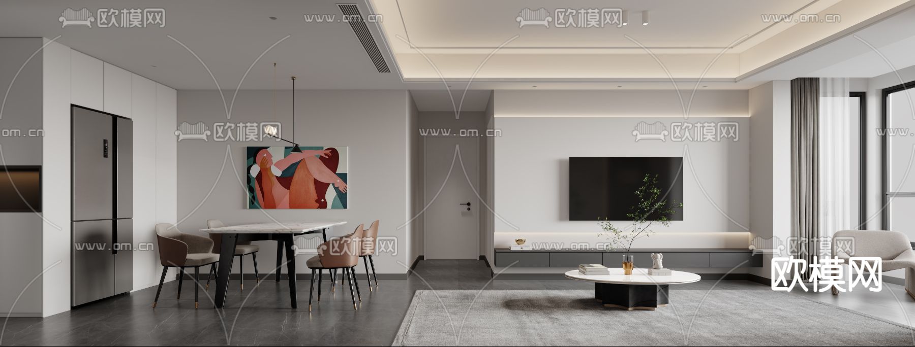 现代客厅 餐厅3d模型下载（渲染图2）