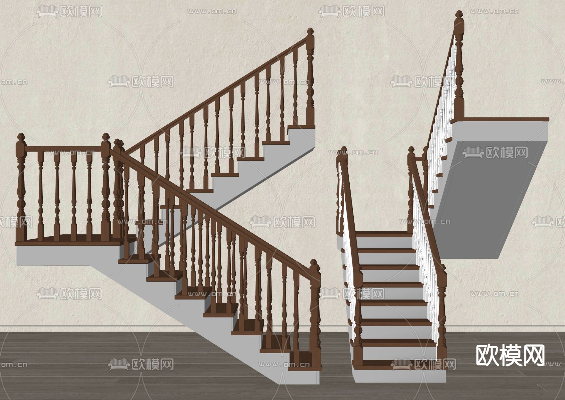 美式转角楼梯 扶手栏杆su模型