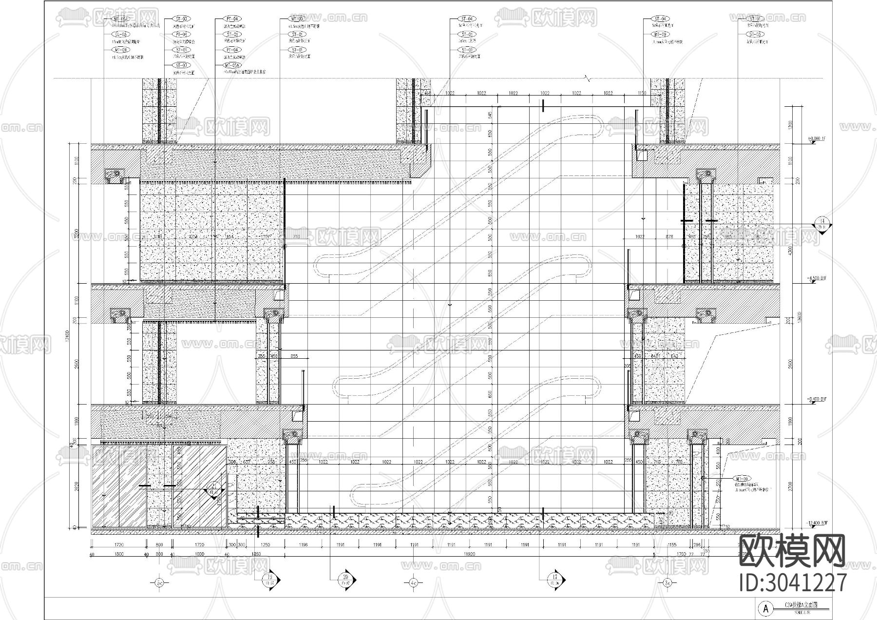商业广场场中庭楼梯CAD立面图下载（渲染图1）