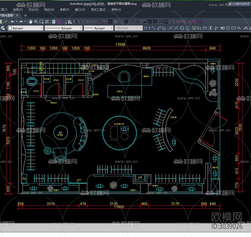 100平米现代服装店平面布置图下载（渲染图3）