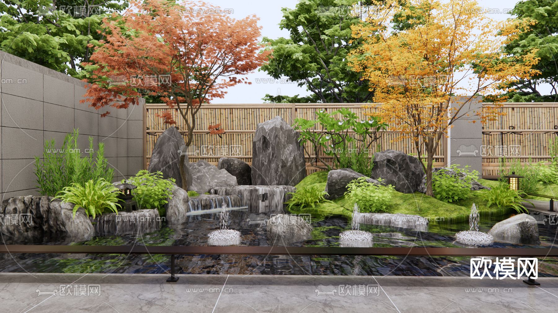 假山水景 喷泉 小桥流水3d模型下载