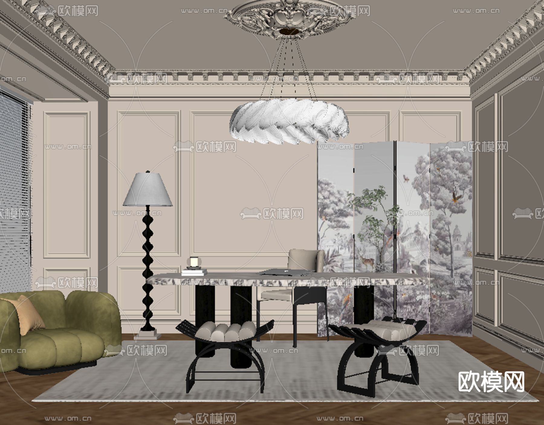 中古风书房su模型下载（渲染图1）