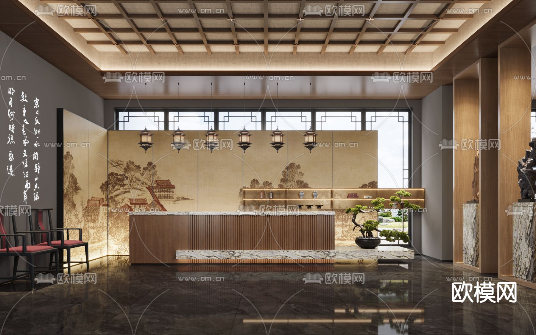 新中式前台 会所大厅3d模型下载