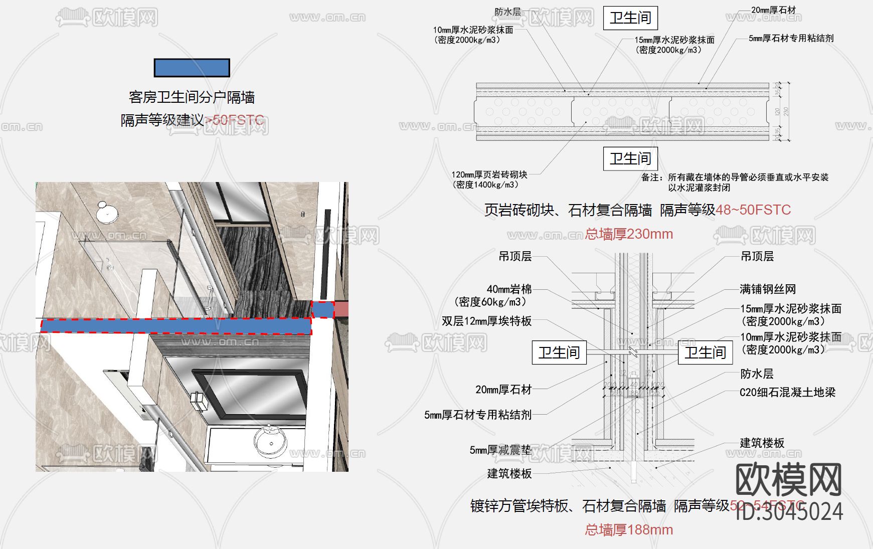 酒店隔墙声学设计cad大样图下载（渲染图2）