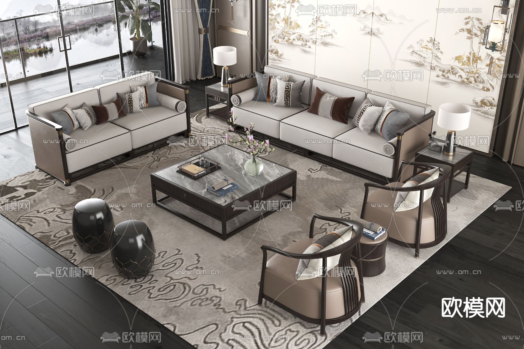 新中式组合沙发3d模型下载