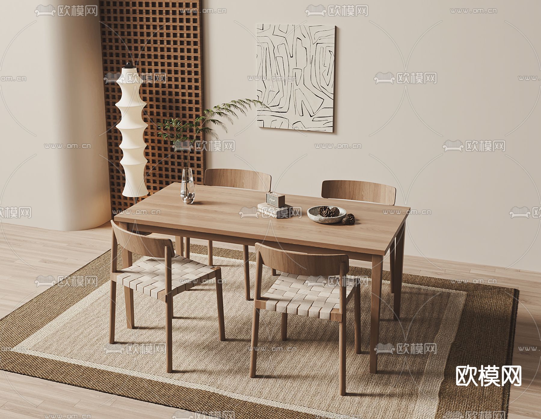 条形餐桌椅 原木餐桌3d模型下载