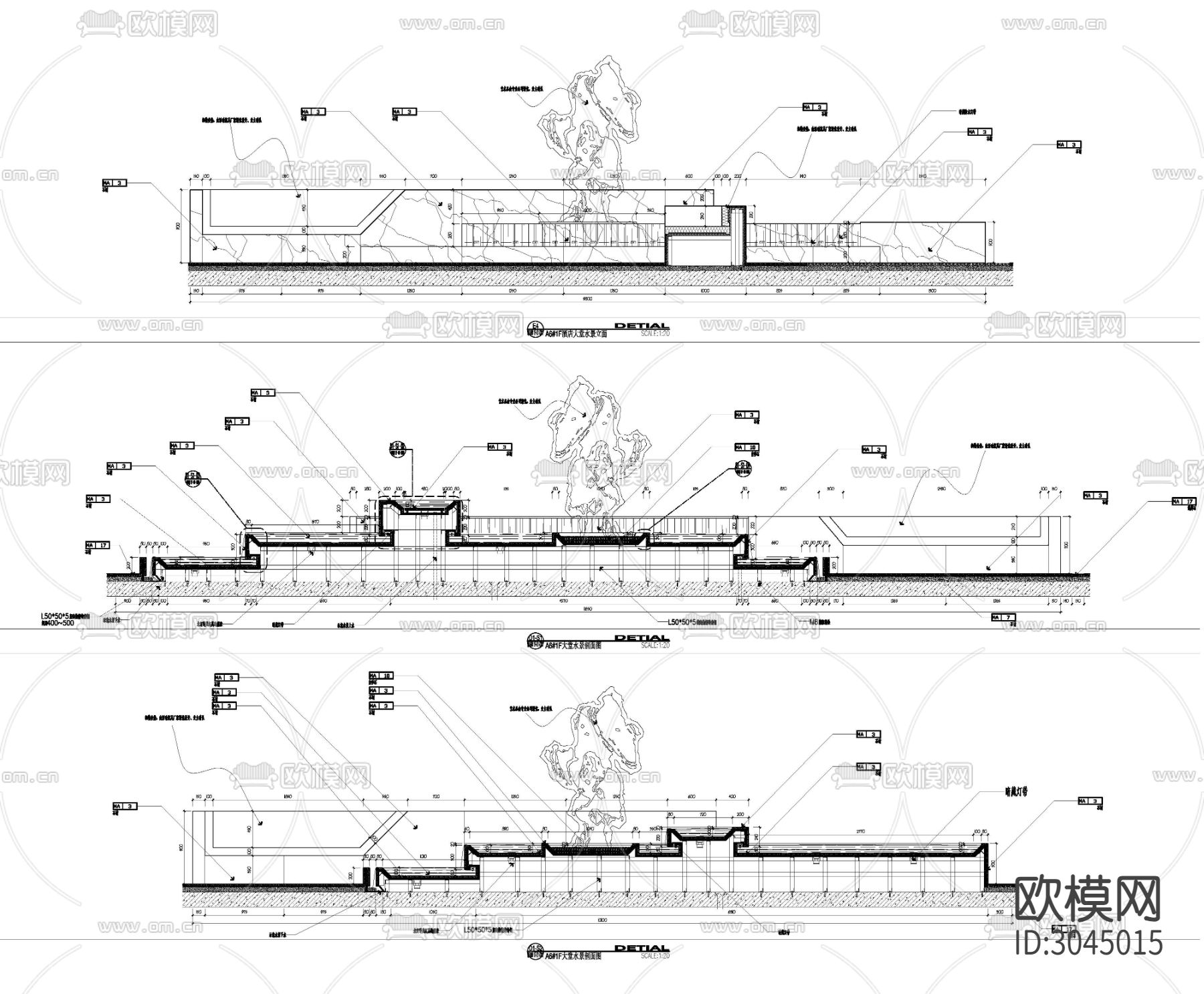 酒店大堂水景cad大样图下载（渲染图3）
