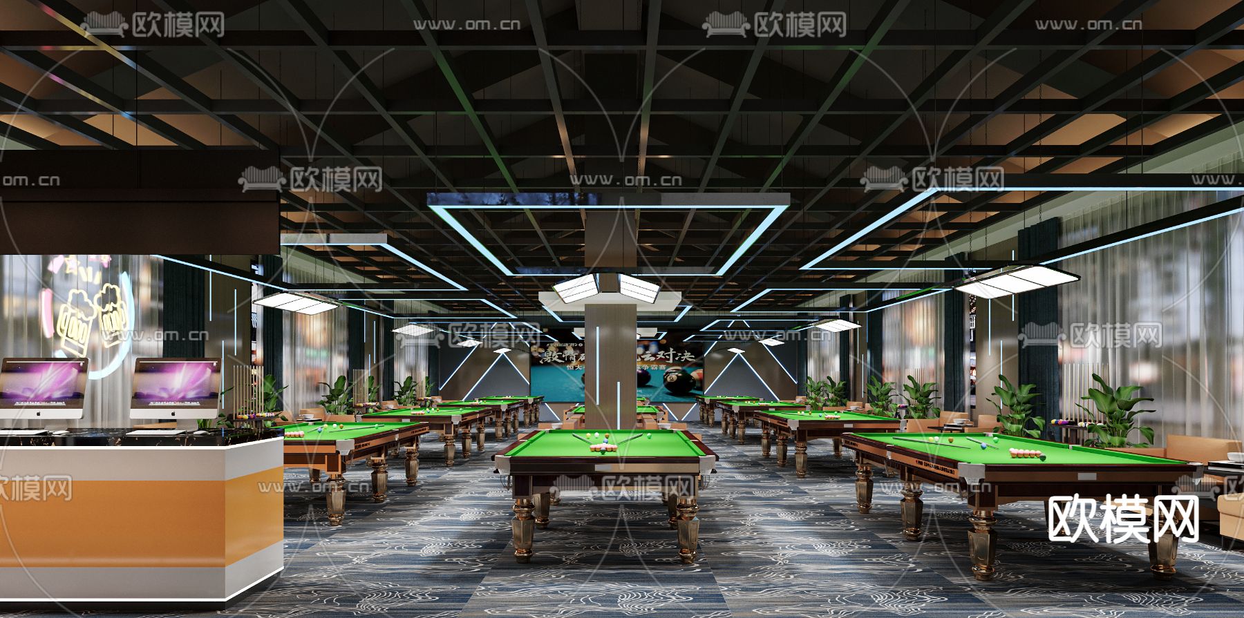 工业风台球厅 桌球馆3d模型下载（渲染图2）